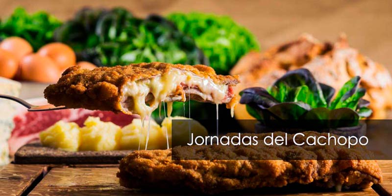 un trozo de cachopo sostenido por una espátula con verdura, huevos y pan al fondo difuminado