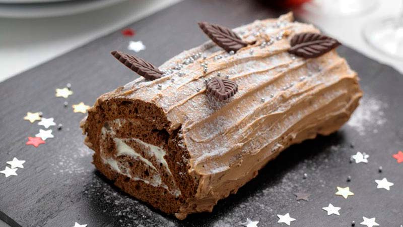 un pastel de chocolate con forma de tronco y que tiene hojas de chocolate-recetas de Navidad