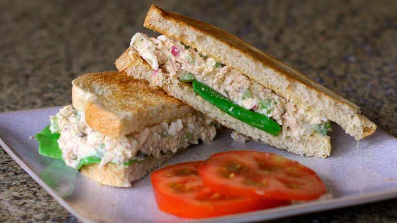 dos mitades de un sándwich sobre un plato cuadrado en el cual también hay una rodaja de tomate