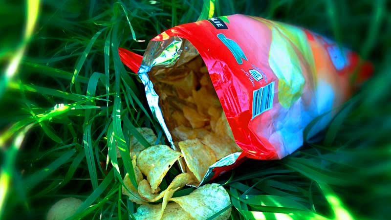 bolsa de plástico con patatas fritas y sobre césped