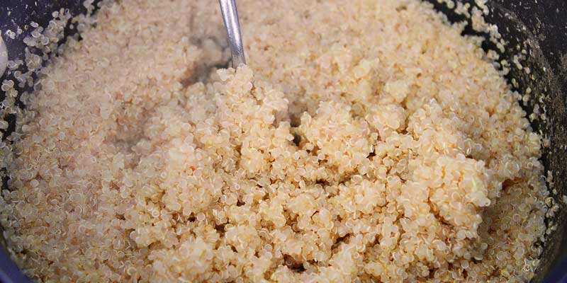recipiente oscuro con mucha quinoa y un cubierto metálico dentro