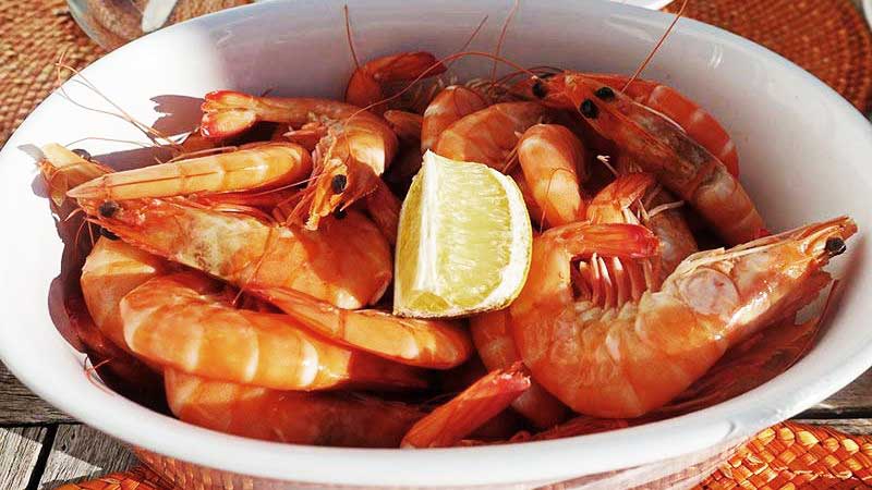 langostinos con un trozo de limón en medio